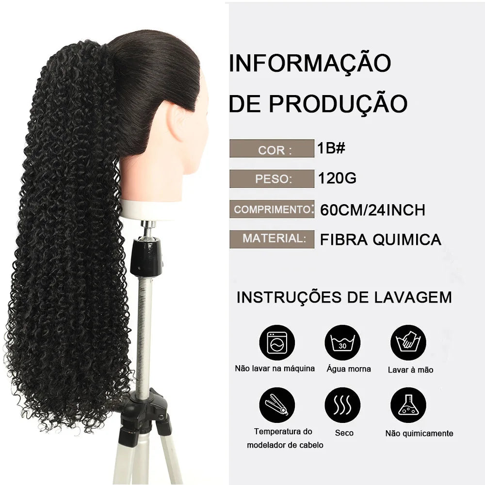 Rabo de Cavalo Longo Feminina Encaracolado Para Rabo de Cavalo Sintético Extensões de Cabelo Afro Cacheado 60cm 120g EVA-MODA 