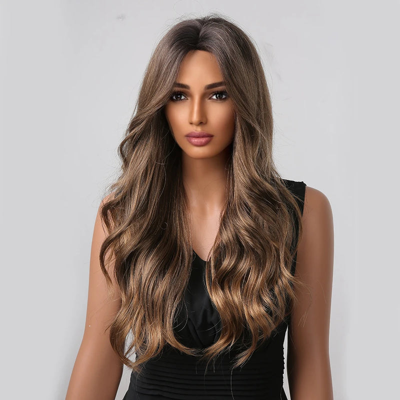 Brown Synthetic Hair Wig Long Wavy Daily Use Wigs for Black Women Heat Resistant Middle Part Hair Body Wave Cosplay Fake Hair 