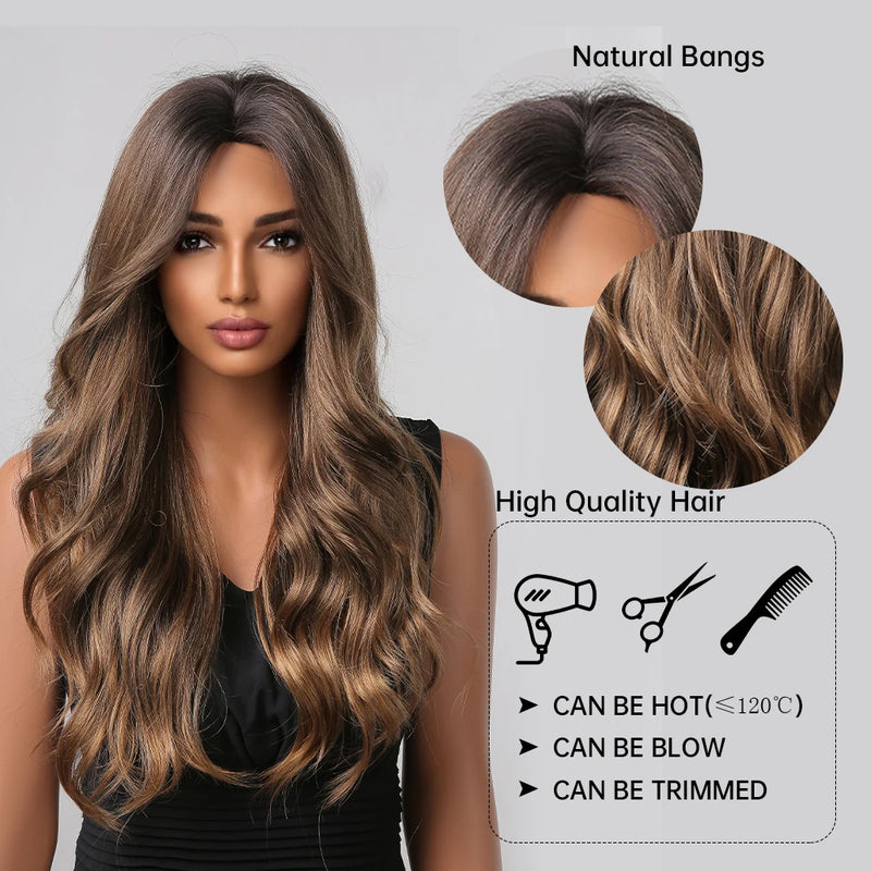 Brown Synthetic Hair Wig Long Wavy Daily Use Wigs for Black Women Heat Resistant Middle Part Hair Body Wave Cosplay Fake Hair 