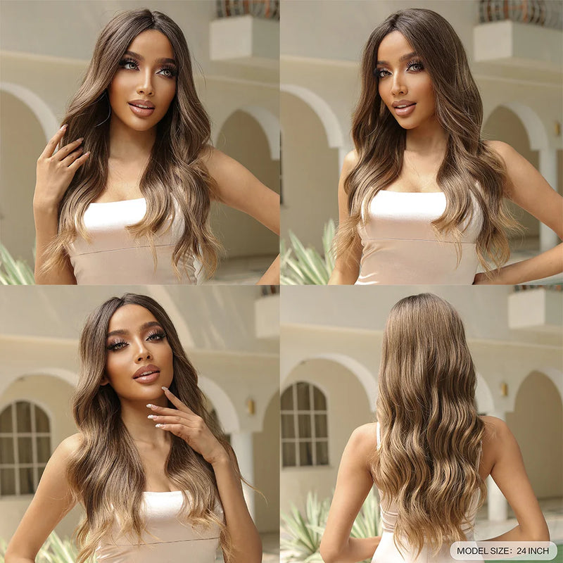 Brown Synthetic Hair Wig Long Wavy Daily Use Wigs for Black Women Heat Resistant Middle Part Hair Body Wave Cosplay Fake Hair 